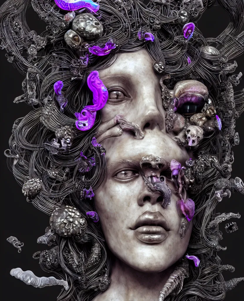 Prompt: goddess princess face close-up portrait ram skull. sculpture made of black and dichroic. jellyfish phoenix head, nautilus, orchid, skull, betta fish, bioluminiscent creatures, intricate artwork by Tooth Wu and wlop and beeple. octane render, trending on artstation, greg rutkowski very coherent symmetrical artwork. cinematic, hyper realism, high detail, octane render, 8k