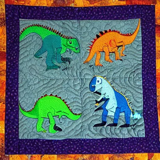 Prompt: dinosaurs on a quilt