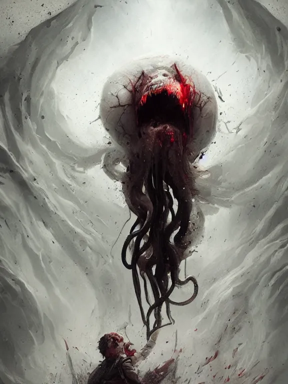 Image similar to painting by greg rutkowski a flying human head with tears running down it's face face that is chalk white in color, with long white!! tentacles!! stemming from it's neck, fiery scorching red eyes, flying in a terrying hellish dark cavernous place