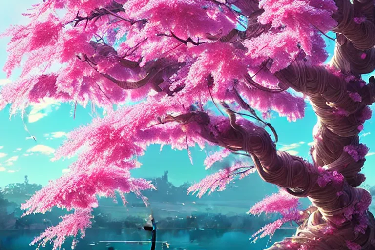 Prompt: highly detailed concept art of a sakura plum tree made with water, overgrowth, Tristan Eaton, Artgerm, Studio Ghibli, Makoto Shinkai