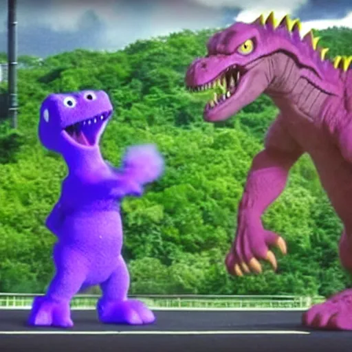 Image similar to barney the purple dinosaur fights godzilla for control of tokyo, file footage