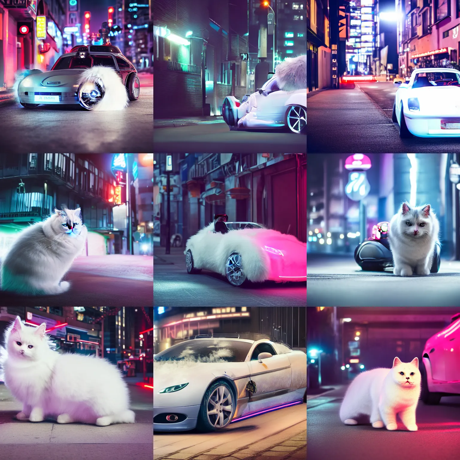 Image similar to a fluffy roadster covered with white fur and looked like a British Shorthair cat, parking in the street, Cyberpunk, neon light, front view, 4k, hd, highly detailed