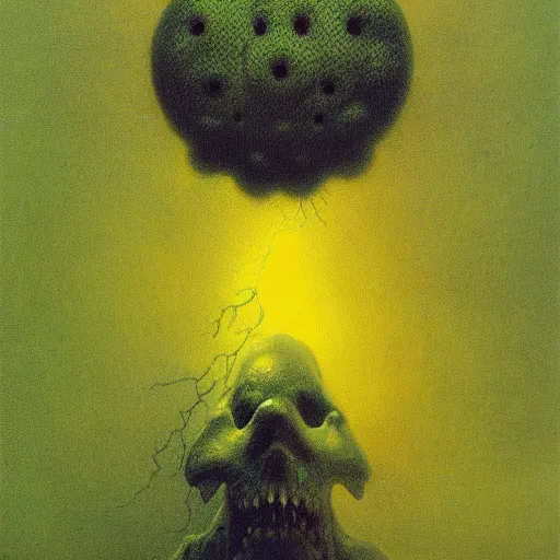 Image similar to Angry Swiss Cheese, dark fantasy, yellow and green, artstation, painted by Zdzisław Beksiński and Wayne Barlowe