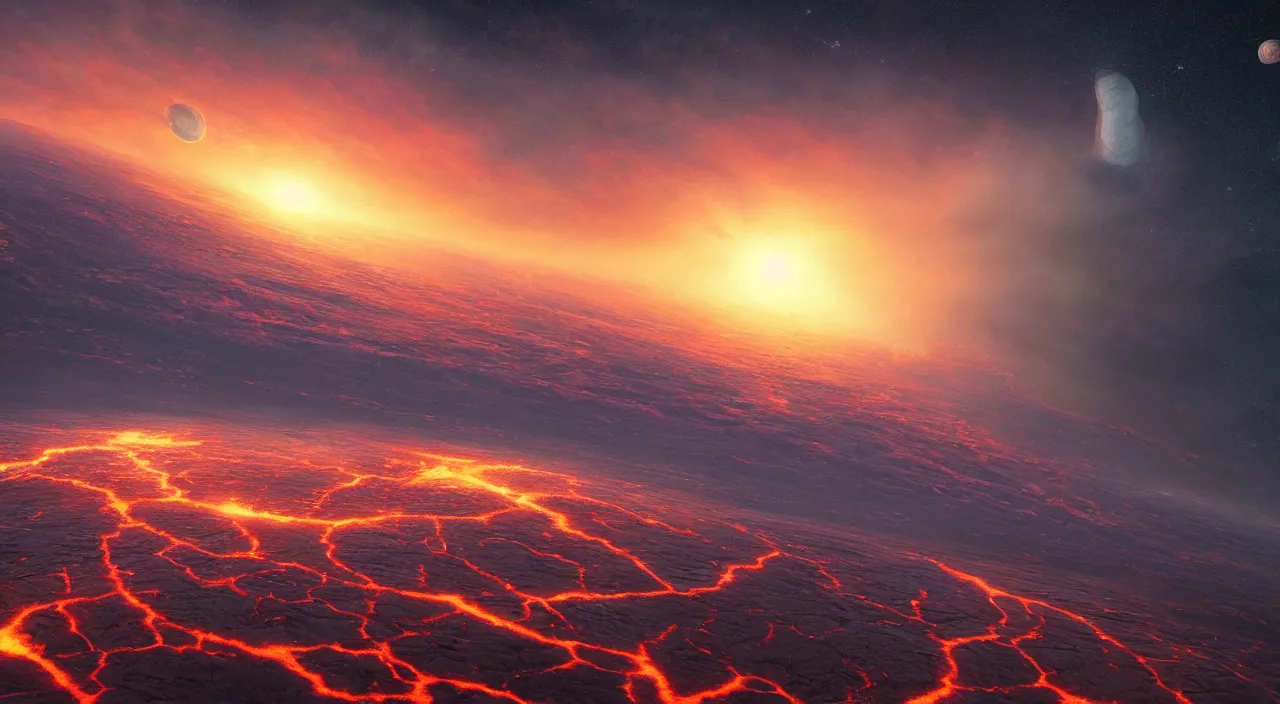 Prompt: hyper realistic matte painting of hot lava flat earth planet in the outer space, highly detailed, trending on artstation, concept art, sharp focus, art by jan matejko