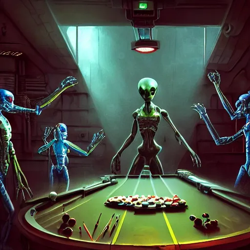 Prompt: attractive alien fan dancer on tabletop, inside used future tavern, pool table, jim henson creature shop, robots humans and extraterrestrials, inside a crowded space station, 1 9 8 0 s science fiction, 1 9 7 0 s science fiction, alien 1 9 7 9, cyberpunk, 3 d oil painting, depth perception, 4 k, artstation