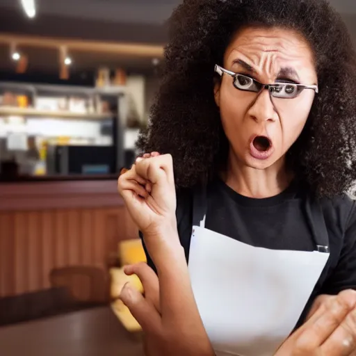 Image similar to angry woman who wants to see your manager because her food arrival time came one minute after her estimation, 4 k, 8 k