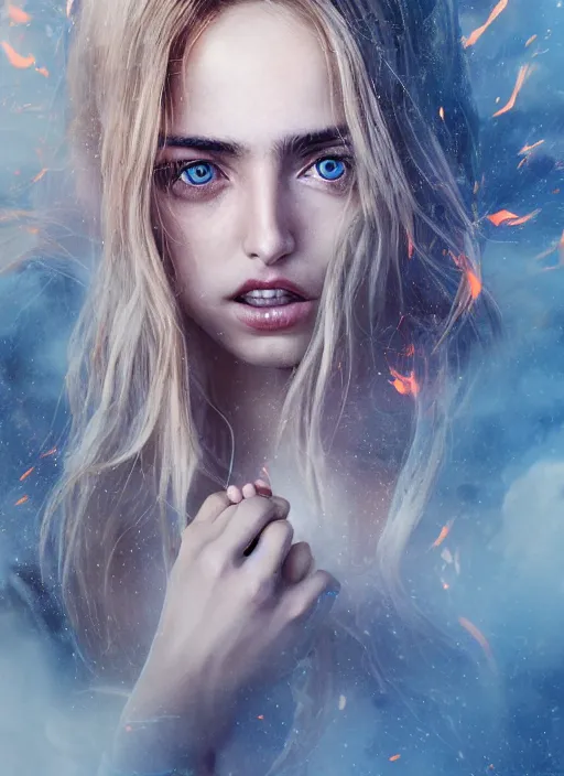 Image similar to blond girl hell spawn surrounded by fire tornadoes, flawless symmetrical pretty cute face, ana de armas, greg rutkowski, 8 k, shallow depth of field, intricate detail, concept art,