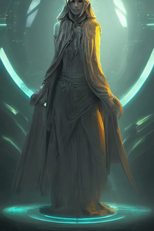 Prompt: a futuristic and enigmatic oracle in jedi clothes, highly detailed, digital art, sharp focus, ambient glow, trending on art station, fantasy art style