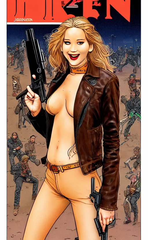 Prompt: Milo Manara comic cover art, Jennifer Lawrence with guns, smile, direct gaze, brown leather jacket, jeans, full body, building on fire, neon colors, detailed, 4k