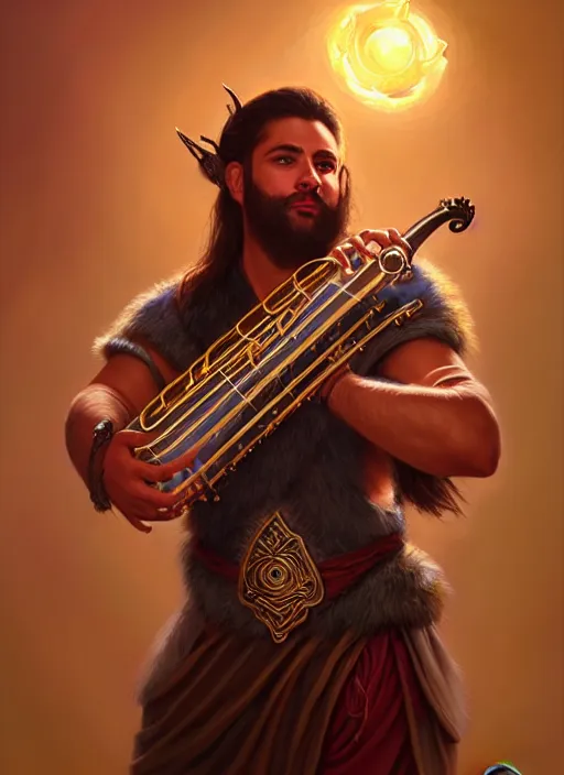 Image similar to a _ fantasy _ style _ portrait _ painting _ of islander male charismatic bard playing instrument, rpg dnd oil _ painting _ unreal _ 5 _ daz. _ rpg _ portrait _ extremely _ detailed _ artgerm _ greg _ rutkowski _ greg