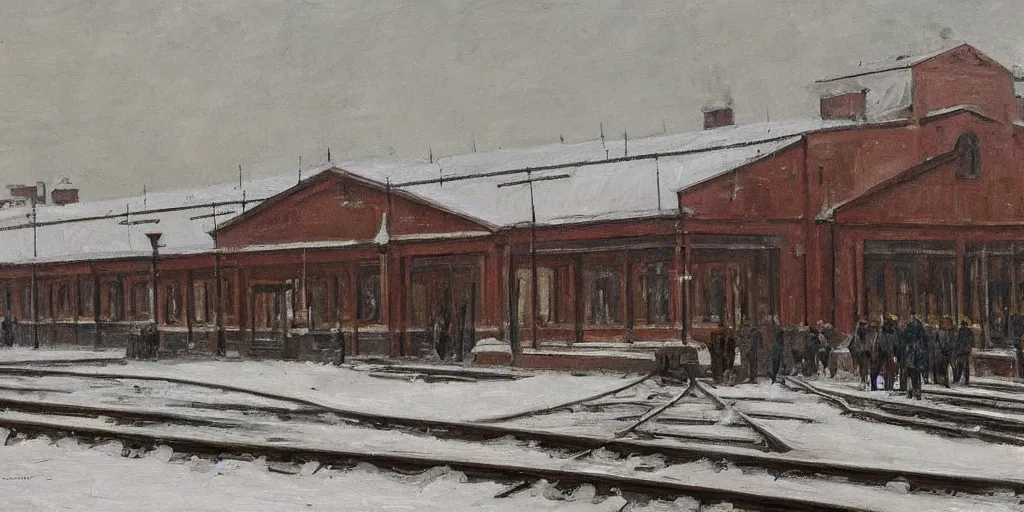 Image similar to Train Depot in Saint Petersburg in 1914 in winter, morning, trending on Artstation