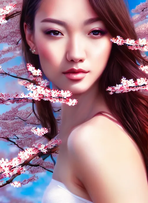 Image similar to photo of a gorgeous female in the style of stefan kostic, realistic, half body shot, sharp focus, 8 k high definition, insanely detailed, intricate, elegant, art by stanley lau and artgerm, extreme blur cherry blossoms background