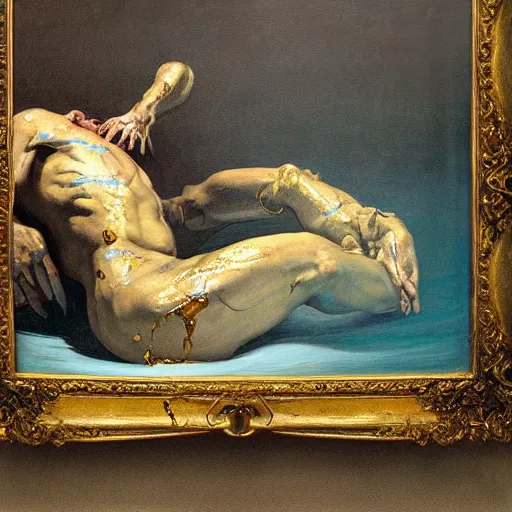 Prompt: realistic Courbet painting of a sci-fi laboratory with dressed ragged zombie with body made guts and veins dripping golden shiny metalic cascade fluid from ribcage to the floor. liquid shiny pool of gold on the floor. blue light. night.