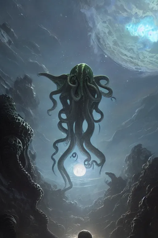 Image similar to cthulhu in space looking at earth, larger than earth, huge, towering, gigantic, high octane, 8 k, digital art, magic the gathering, mtg, by greg rutkowski, trending on artstation