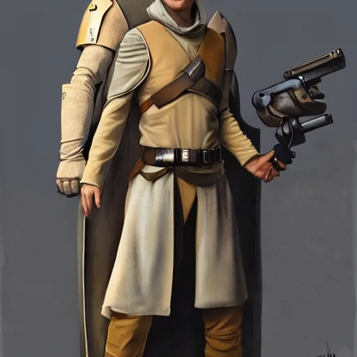 Prompt: a young blonde male jedi with short hair standing still, full body photography, extremely long shot, long shot, over the shoulder shot, ots shot, third-person shot, full-length, head-to-toe, concept art by Doug Chiang cinematic, realistic painting, high definition, concept art, the Mandalorian concept art style