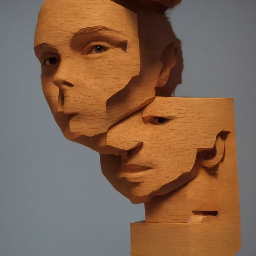 Prompt: hyperrealistic sculpture portrait of a stern woman's face carved out of laminated pine plywood on a pedestal by duane hanson and donald judd, hyperrealistic dramatic colored lighting trending on artstation 8 k