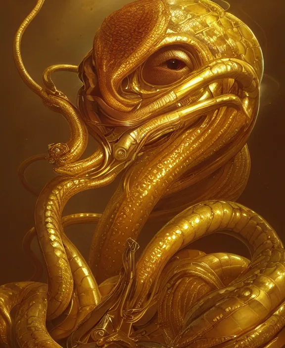 Prompt: intricate golden portrait of a disturbing beautiful alien snake creature, mottling coloring, adorable, childlike, medical equipment hospital environment, ultra realistic, concept art, art nouveau, photorealistic, octane render, 8 k, unreal engine. art by christopher marley and artgerm and greg rutkowski and alphonse mucha