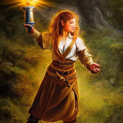 Image similar to full body portrait of a female halfling hobbit monk fistfighter, hallucinating a holy vision of her goddess of mist and light, flowing robes and leather armor, detailed dynamic light painting by albrecht anker