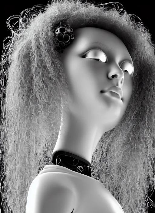 Image similar to black and white dreamy profile face portrait, biomechanical beautiful angelic young female cyborg - robot - doll with long white curly hair, body ribs meshes, volumetric light, hibiscus flowers, rim light, big gothic fashion pearl embroidered collar, 1 9 3 0, 8 k