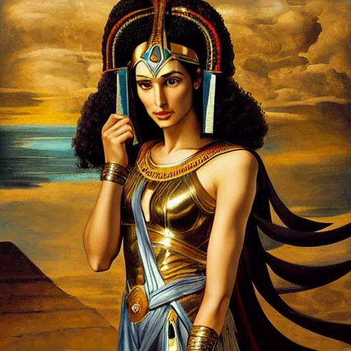 Prompt: Full body oil painting of the beautiful goddess Gal Gadot as Cleopatra, she is wearing egyptian clothes and a surreal ornate, her hair is natural disheveled, she is approaching heaven over the clouds, Anubis is behind her, naturalism, dramatic lighting, high-detailed oil painting by Ilya Repin, Michelangelo da Caravaggio, William Blake, Alex Grey and Beksinski, trending on Artsation, hystorical painting, naturalism, masterpiece, 4k, 8k,