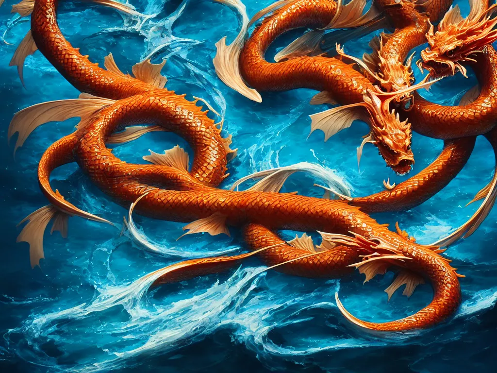 Image similar to intertwined koi dragon fish, water torrent background, jesper ejsing, james jean, justin gerard, tomasz alen kopera, cgsociety, fenghua zhong, makoto shinkai, octane render, highly detailed, rim light, cinematic lighting, hyper realism, high detail, intricate, 4 k, masterpiece