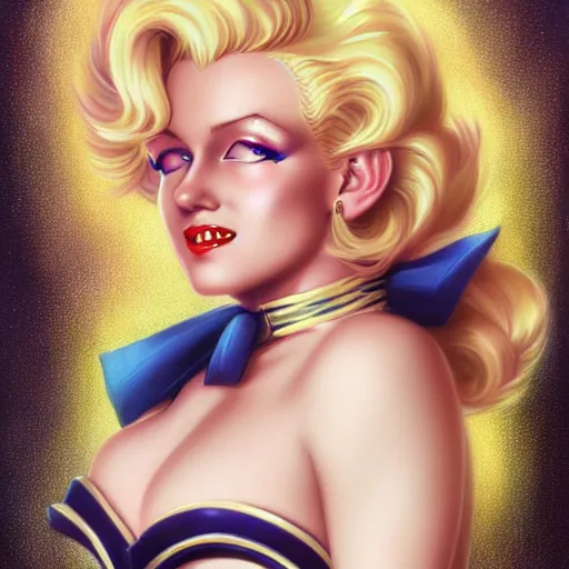 Prompt: Blonde Marilyn Monroe as Sailor Moon, western, D&D, fantasy, intricate, elegant, highly detailed, digital painting, artstation, concept art, matte, sharp focus, illustration, art by Artgerm and Greg Rutkowski and Alphonse Mucha