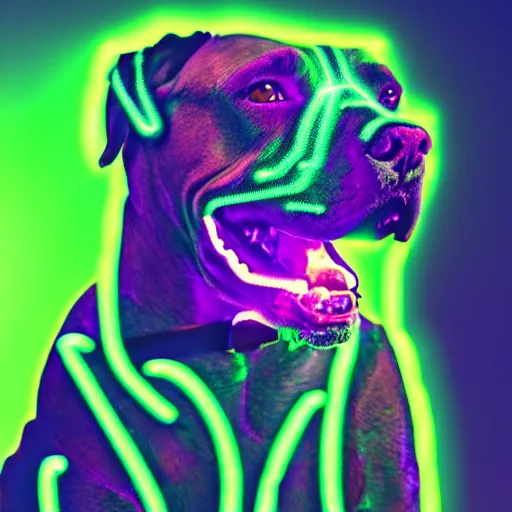 Image similar to an amazing glitch art photo of a cute mad pitbull. glowing neon lights, glitchery, intricate, epic lighting, cinematic composition, hyper realistic, 8 k resolution, unreal engine 5