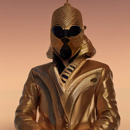 Image similar to portrait of masked dune dynasty with louis vuitton clothes, white background, louis vuitton logo, 8 k, symmetrical, 3 d render, octane render, insane details