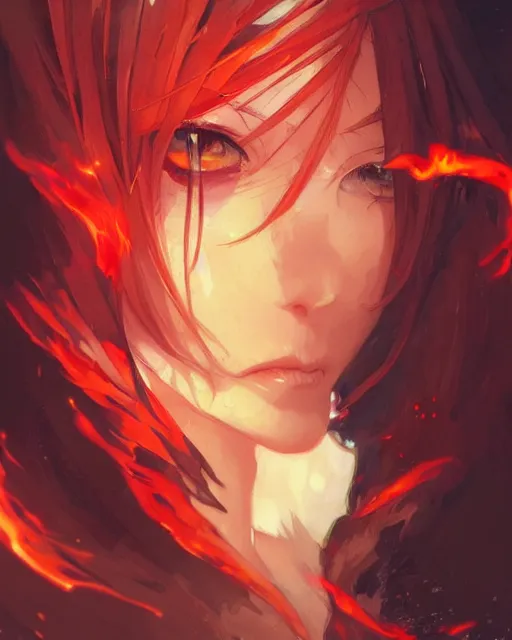 Image similar to red eyed anime girl, flames everywhere, highly detailed, digital painting, artstation, concept art, smooth, sharp focus, illustration, art by artgerm and greg rutkowski and alphonse mucha