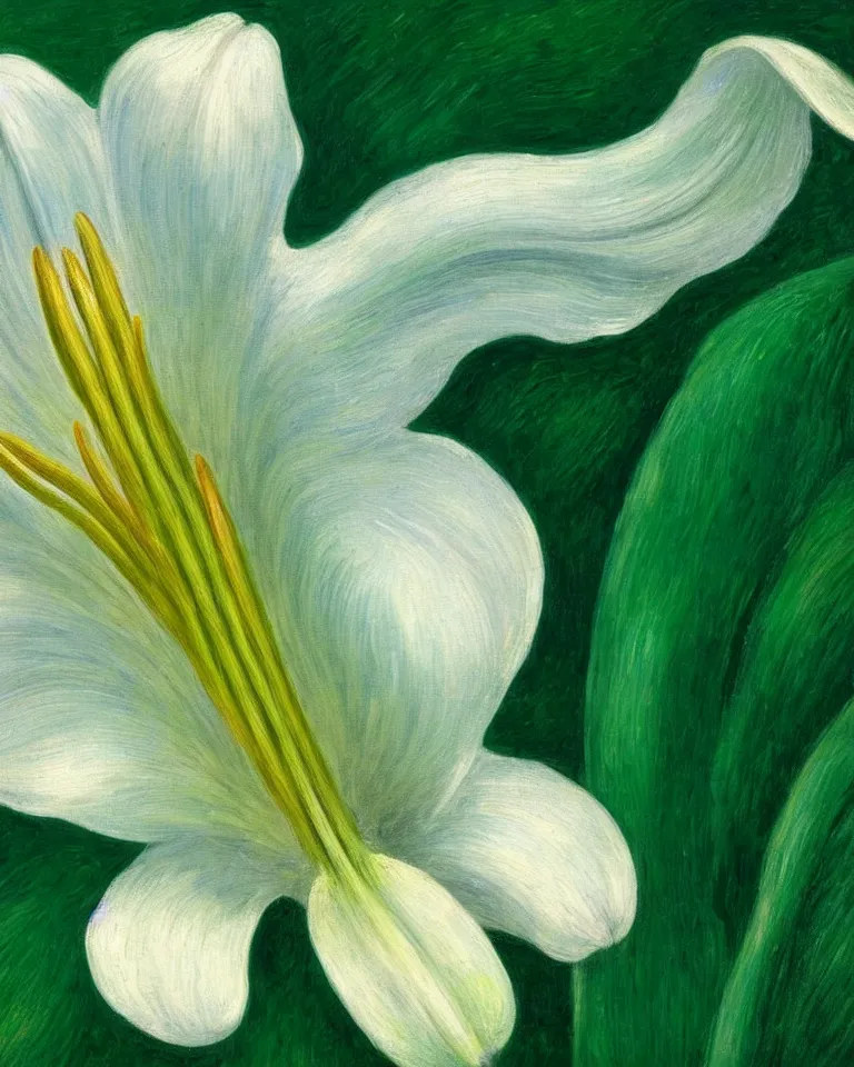 Image similar to achingly beautiful extreme close up painting of one white lily blossom on green background rene magritte, monet, and turner. piranesi. macro lens, symmetry.