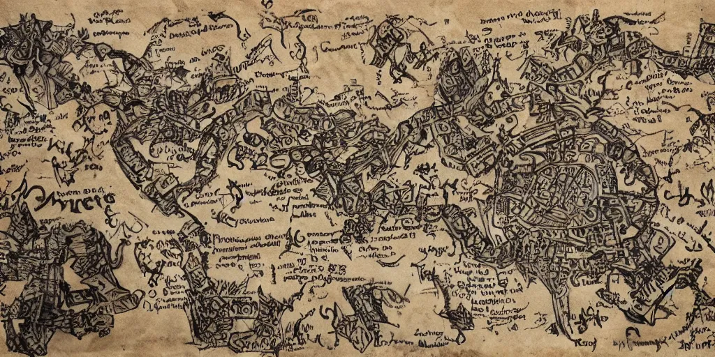 Image similar to concept art from harry potter movies, realistic marauders map of hogwarts, with names, mischief managed, ink painting on ripped leather