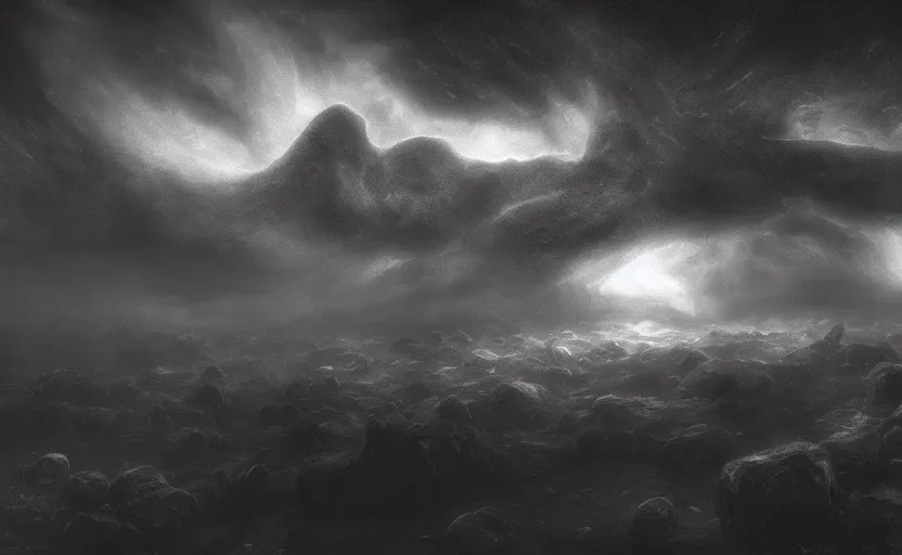 Image similar to lovecraftian horror, lovecraft, monochrome, moody, lighting study, cthulhu, galactic nebula, volumetric fog