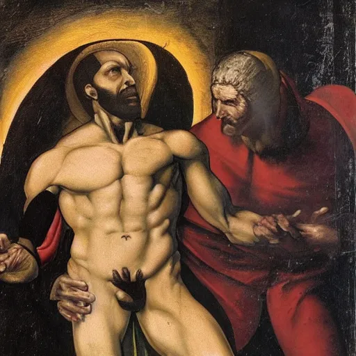 Image similar to painting of black adam as adam in the creation of adam by leonardo davinci