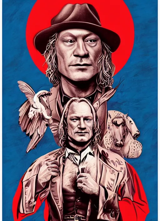 Image similar to a drawing of ted levine as buffalo bill in silence of the lambs, poster art by emiliano ponzi, behance contest winner, pop surrealism, concert poster, tarot card, poster art