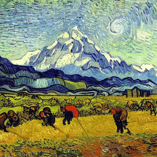 Image similar to peasants working in fields in front of aoraki mt cook, new zealand, painted by vincent van gogh