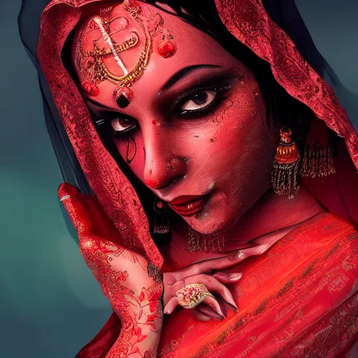 Prompt: beautiful Hindu lady of the dark with veil, in darkness, cover with a lot of red water, horror terrifying, surreal realistic, photorealistic, hyper details, full HD, 8k!