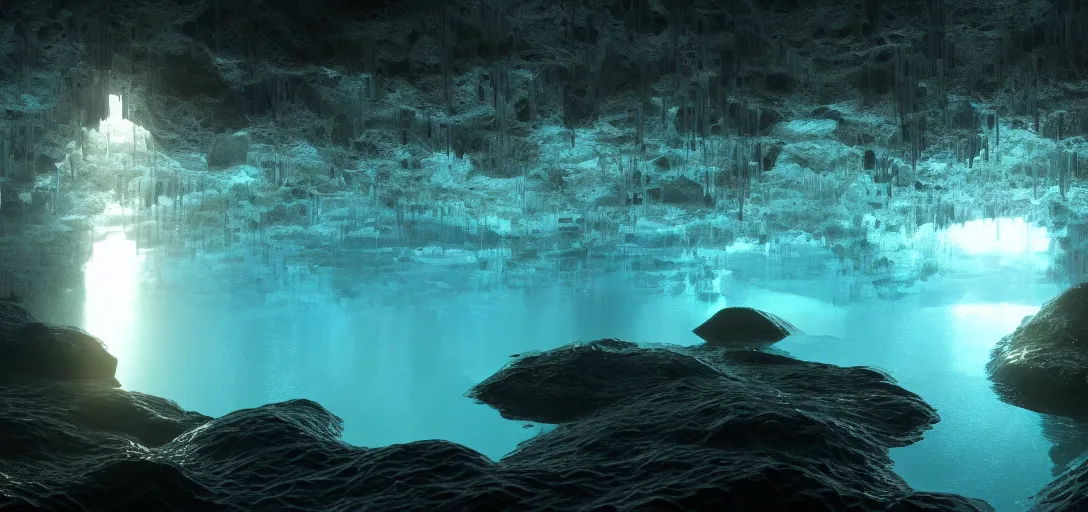 Image similar to beautiful view of an underwater cavern, glowing water with caustics, dark atmosphere, dappled light, reflections, bubbles, refraction, symmetry, cinematic lighting, ultra detailed, sharp, ambient occlusion, bloom, raytracing, by dylan cole, sebastian meyer and jordan grimmer