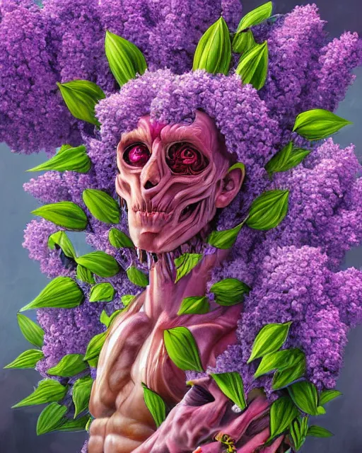 Image similar to Haunting horrifying detailed painting of a huge muscular hulking extraterrestrial flower monster made of lilacs, roses, lilies and daffodils, telekinetic aura, magical powers, and bloodshot eyeballs, hyper detailed, trending on Artstation