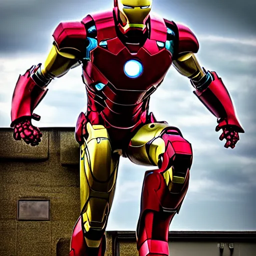 Image similar to photorealistic shot 50mm , full body, stained and rusted heavily dented iron man suite, HDR color, metal oxide texture