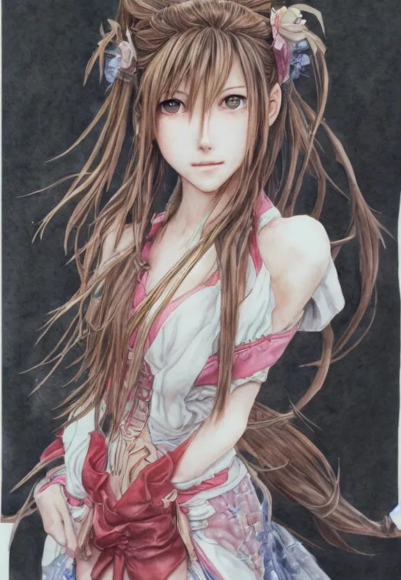 Prompt: a full-body watercolor painting of Aerith Gainsborough by Yoshitaka Amano, highly detailed, intricate, trending on artstation, award-winning