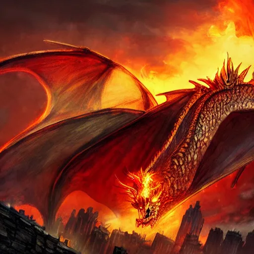 Image similar to dragon destroying a city with fire, apocalyptic fantasy, digital art, 4 k, game of thrones