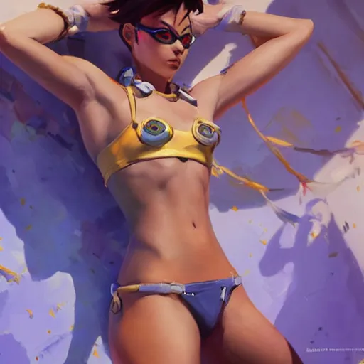 Image similar to greg manchess splashart painting of overwatch's tracer in a bikini, overwatch art team, cinematic composition, award winning art, octane render