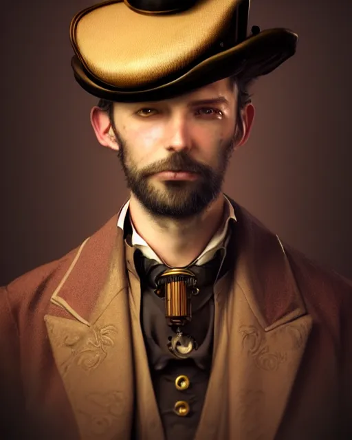 Image similar to steampunk male portrait, handsome, steampunk hat, detective coat, steampunk monocle, hyper realistic 3 d render by ilya kuvshinov, peter mohrbacher, greg rutkowski, ryohei hase, dramatic lighting, intricate, highly detailed, sharp focus, luminous, unreal engine, blender, artstation, masterpiece, ray tracing