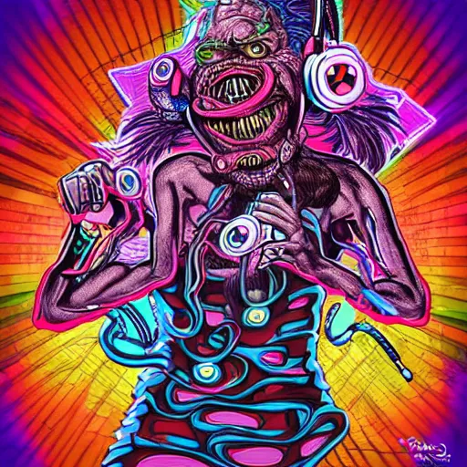 Image similar to artgerm, psychedelic laughing demon, rocking out, headphones dj rave, digital artwork, r. crumb, svg vector