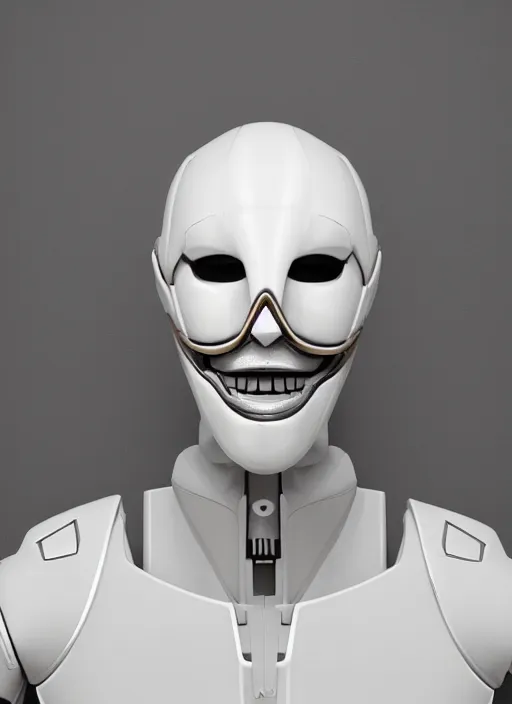 Image similar to portrait of a futuristic blanco ceramic Spanish prince grinning humanoid robot with a handsome face wearing a plastic skull mask and muscular body reclining, macho, piroca, dotado, guapo, matte surface, trending on cgsociety