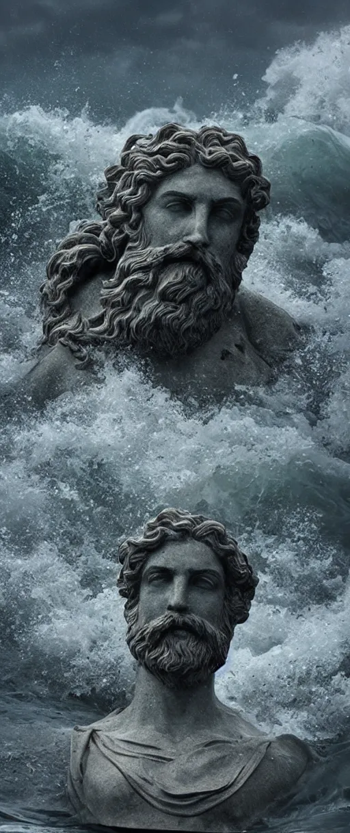 Image similar to stone bust of poseidon in the ocean, heavy waves, dark clouds, vivid, atmospheric, rainy, realistic, ultra detail, somber, hd, octane render, featured on artstation