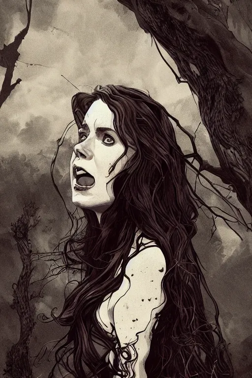 Image similar to amy adams in sleepy hollow, full body, big two toned eyes, teeth gritted, horror, intricate details, cinematic, epic, realistic, anatomy, tomer hanuka, uplight, artstation, photorealistic, scary