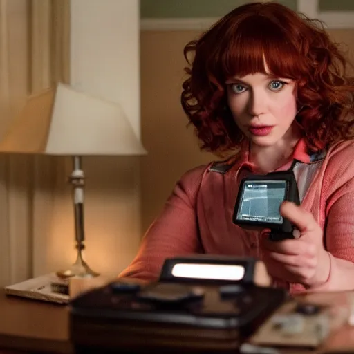 Image similar to a still of Christina Hendricks playing with a Gameboy, in Stranger Things, highly detailed and intricate, cinematic lighting, 8k remastered HDR