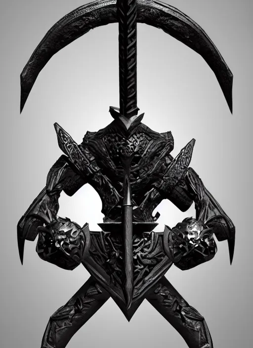 Prompt: a black great sword mini skull crest, orthographic, ornament, weapon, a 3 d render by dom qwek, front side, concept art, trending on polycount, artstation, hard surface modeling, rendered in maya, zbrush, blender, hd, vray, berserk, symmetry