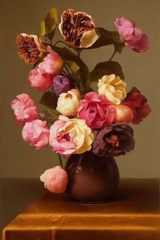 Image similar to painting of chocolate flowers in a vase on a table, by rachel ruysch, pop surrealism, biomorphic, made of sweet delicious texture